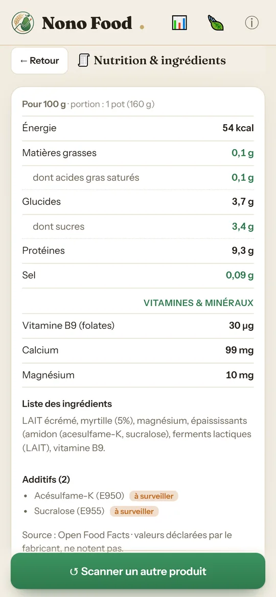 Écran Nono Food : valeurs nutritionnelles, ingrédients et additifs à surveiller